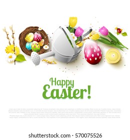 Cute Easter template with flowers, Easter eggs and watering can on white background
