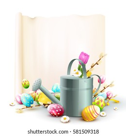 Cute Easter template with flowers, Easter eggs, ladybug and watering can in front of empty paper