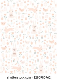 Cute Easter Theme Vector Pattern. Lovely Hand Drawn Rabbits and Hens on a White Background. Simple Infantile Design. Nusery Art Vector Layout. Pink Bunnies and Yellow Hens in an Abstract Garden.