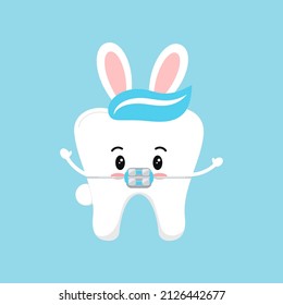 Cute easter tooth in braces icon isolated. Orthodontist dentistry tooth character in brackets with easter bunny ears costume. Flat design cartoon vector clip art dental kids illustration.