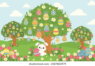 Cute Easter tree with colorful decorated eggs hanging from branches, surrounded by blooming flowers and a happy bunny. Adorable spring landscape, perfect for Easter cards, invitations, and festive dec