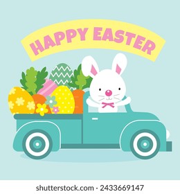 Cute Easter Truck with Bunny, Egg and Carrots