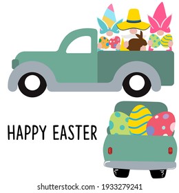 Cute Easter Truck With Gnome, Vector Art.