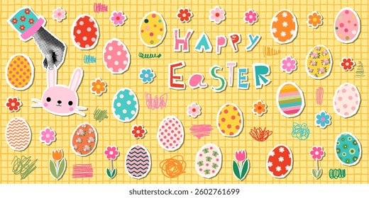 Cute Easter vector background collage sticker set with Easter eggs, half tone hand holding a pink bunny, flowers and scribbles, graphic design elements