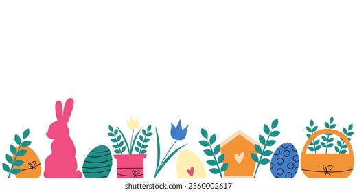 Cute Easter vector background. Spring collection of easter rabbit, flowers and decorations. For poster, card and banner