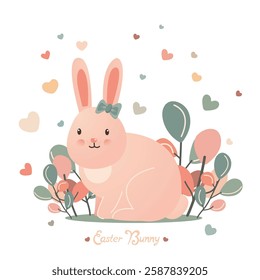 Cute Easter vector featuring one pink bunny and with coloful hearts in soft gradient. Perfect vector for spring, holiday designs, invitations, and more, with playful vibe. Easter art with rabbit