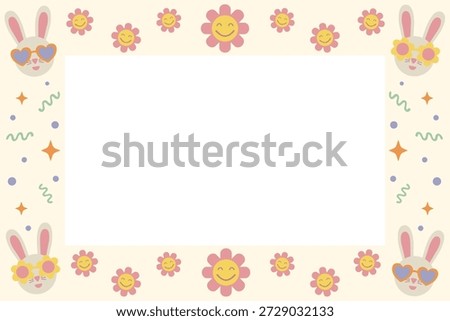 A cute Easter vector frame template with retro bunnies and daisies surrounding a central copy space, perfect for groovy spring greetings.