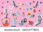 Cute Easter vector halftone collage with hands, Easter basket, eggs, bunny, bunting, flowers, cutout illustration, modern graphic design elements 