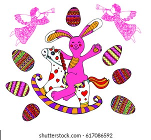 cute Easter vector hand-drawn cartoon pink rabbit riding a toy horse rocking chair surrounded by Easter eggs and crocheted angels. Isolated objects on white background for greeting card  print