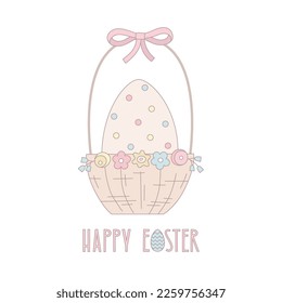 Cute easter vector illustration with egg, basket, bow, flowers for card, web, banner.