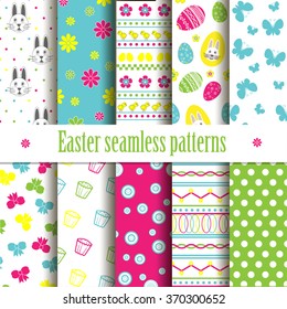 Cute easter vector patterns. Endless texture can be used for printing onto fabric and paper or scrap booking.  Seamless pattern with chickens, rabbits, flowers, easter eggs for your design