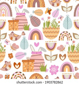 Cute Easter vector seamless pattern. Pattern with rainbows, eggs, chickens, flowers, butterflies. Beautiful festive packaging, print for fabric, postcard, cover, poster. Use in printing and textiles
