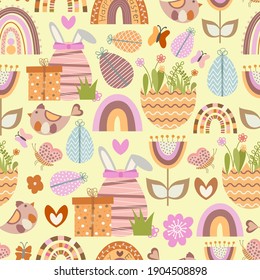 Cute Easter vector seamless pattern. Pattern with rainbows, eggs, chickens, flowers, butterflies. Beautiful festive packaging, print for fabric, postcard,  banner, poster. Use in printing and textiles