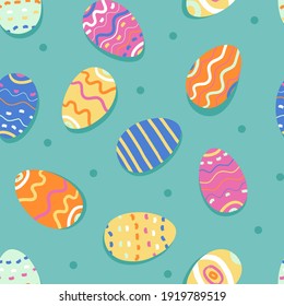 Cute Easter vector seamless pattern for wrapping paper, fabric, textile and other print and design. Decorated Easter eggs with brushstroke painting and confetti on blue background.