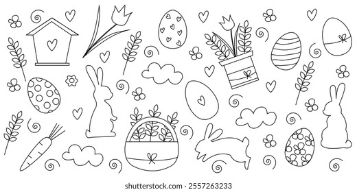 Cute Easter vector set in line style. Spring collection of easter rabbit, flowers and decorations. For poster, card, scrapbooking , stickers