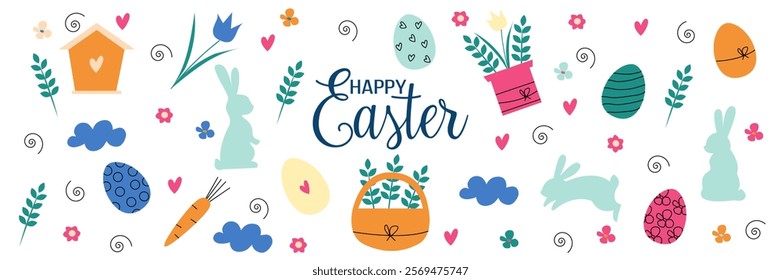 Cute Easter vector set. Spring collection of easter rabbit, flowers, decorations with text. For poster, card, scrapbooking , stickers