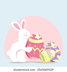 A cute Easter vector of a white rabbit holding a pink egg, with additional colorful eggs and festive elements in pastel shades
