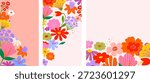 Cute Easter vertical banners with rabbits and colorful spring flowers. Playful folk art style with pastel background and whimsical floral elements. Perfect for Easter greetings, holiday cards, nursery