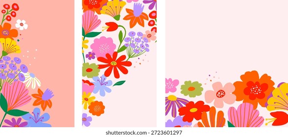 Cute Easter vertical banners with rabbits and colorful spring flowers. Playful folk art style with pastel background and whimsical floral elements. Perfect for Easter greetings, holiday cards, nursery