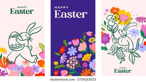 Lindos Anuncios de Vertical de Pascua con conejos y coloridas flores de primavera. Estilo de arte popular juguetón con fondo pastel y Elementos florales caprichosos. Perfecto para los saludos de Pascua, tarjetas de vacaciones, guardería