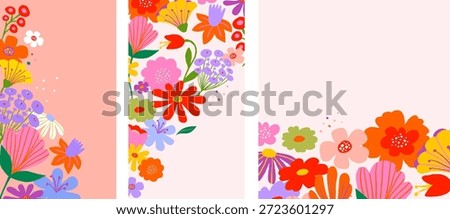 Cute Easter vertical banners with rabbits and colorful spring flowers. Playful folk art style with pastel background and whimsical floral elements. Perfect for Easter greetings, holiday cards, nursery
