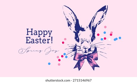 Süße Ostern Vintage Hase Porträt mit Schleife. Weihnachtsgrußkarte. Handgezeichnetes Hasentier. Retro-Skizze, einzelne Vektorgrafik