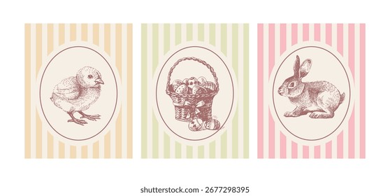Bela Páscoa vintage mão desenhado cartaz conjunto. Cartões comemorativos e design de convites. Ilustração de vetor de esboço retrô