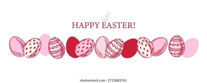 Cute Easter vintage hand drawn banner with eggs. Greeting card and invitation design. Retro sketch isolated vector illustration