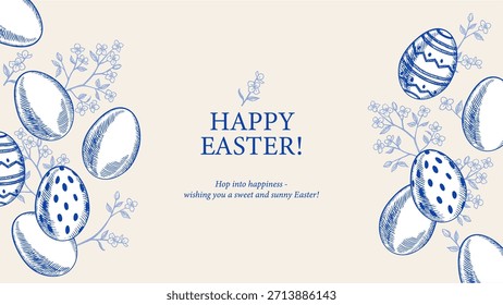 Cute Easter vintage hand drawn banner with eggs and cherry branches. Greeting card and invitation design. Retro sketch vector illustration