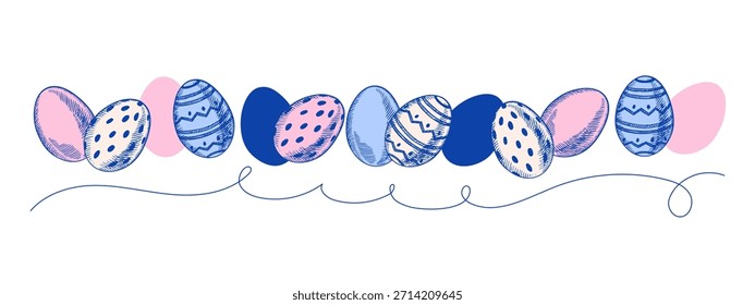 Cute Easter vintage hand drawn banner with eggs. Greeting card and invitation design. Retro sketch isolated vector illustration