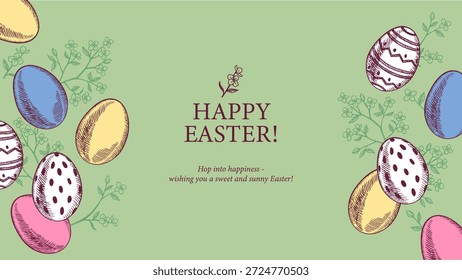 Cute Easter vintage hand drawn banner with eggs and cherry branches. Greeting card and invitation design. Retro sketch vector illustration
