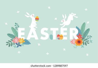 Cute Easter web banner with white rabbits, colorful Easter eggs, leaves and flowers. Spring greeting card, invitation. Vector illustration background, seasonal flat design.