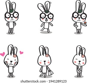 Cute easter white bunny. Rabbit cartoon vector collection. Cute Rabbit cartoon character set.