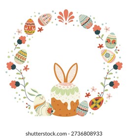 Cute Easter wreath with bunny, festive cake and decorated eggs in soft folk style. Hand-drawn vector illustration with cozy spring mood for greeting cards, invitations, packaging and seasonal designs