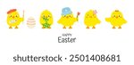 Cute easter yellow chick character set with Happy Easter lettering phrase. Funny baby chickens in various poses. Little baby farm birds collection. Hand drawn vector illustration.