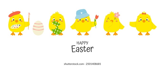 Cute easter yellow chick character set with Happy Easter lettering phrase. Funny baby chickens in various poses. Little baby farm birds collection. Hand drawn vector illustration.