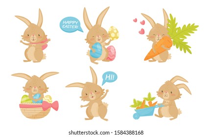 Cute Eastern Bunny Cartoon Character Set, Adorable Rabbit in Different Situations Vector Illustration