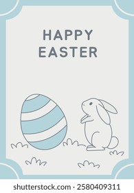 Cute Easter-themed illustration with a white rabbit facing a striped egg. Light blue border, soft pastel tones, and a clean design make it perfect for seasonal greetings and decorations