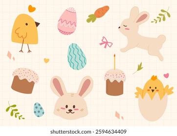 Cute Easter-themed set with a bunny, chicks, decorated eggs, festive cakes, and floral details. The pastel color palette and hand-drawn elements create a cheerful holiday mood on a light background. S