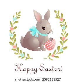 Cute Easter-themed vector illustration featuring a fluffy gray bunny with a blue ribbon around its neck, holding a decorated Easter egg. The design is framed with a floral wreath of green leaves and