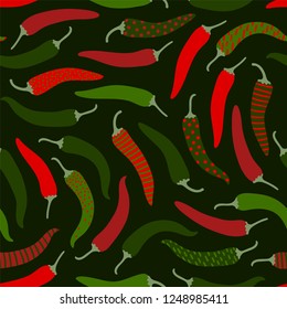 Cute easy going pepperoni peppers pattern, seamless vector repeat on plain background in green and red hues. Trendy flat illustration style.