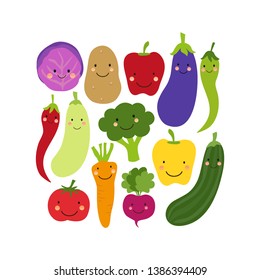 Cute Eat Veggies background with smiling cartoon characters of vegetables for your decoration