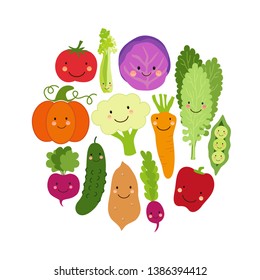 Cute Eat Veggies background with smiling cartoon characters of vegetables for your decoration