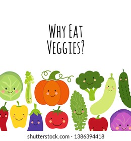 Cute Eat Veggies background with smiling cartoon characters of vegetables for your decoration