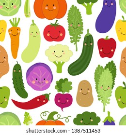 Cute Eat Veggies Seamless Background With Smiling Cartoon Characters Of Vegetables