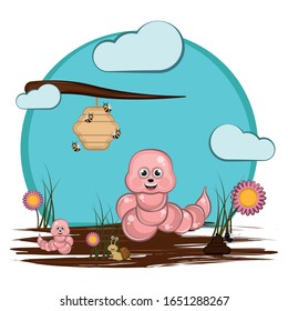 Cute eathworms, bees and snail over a landscape - Vector