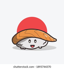 Ilustración Del Icono Del Vector De Sushi Cute Ebi.  Una comida popular de Japón. Comida japonesa aislada al estilo de las caricaturas planas.
