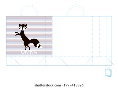 Cute eco bag template with fox on striped background. Vector design.