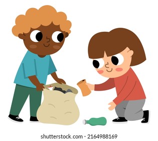 Cute eco friendly kids collecting waste. Boy and girl caring of environment, sorting rubbish. Earth day illustration. Ecological vector concept with children picking up and gathering trash
