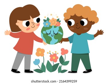 Cute eco friendly kids holding smiling earth in hands. Boy and girl caring of planet and environment. Earth day illustration. Ecological vector concept with children and globe with flowers
